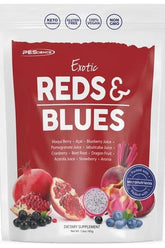 PEScience Exotic Reds & Blues dietary supplement featuring various antioxidant-rich fruit juices.